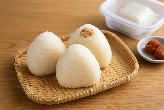 freshly made onigiri with umeboshi and rice in a storage container