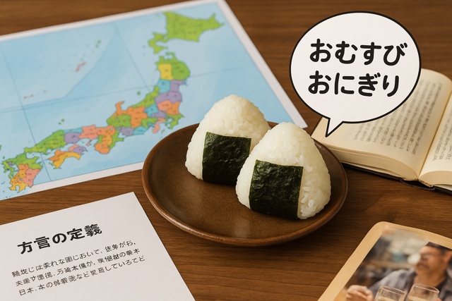 Japanese rice balls with cultural dialect study materials on a wooden table