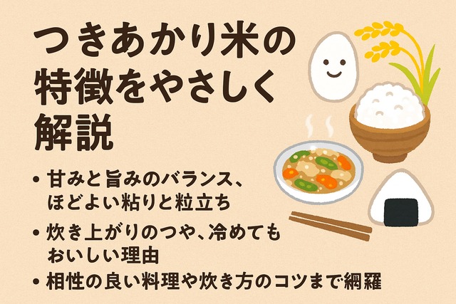 Tsukiakari rice features explained in Japanese with text and illustrations